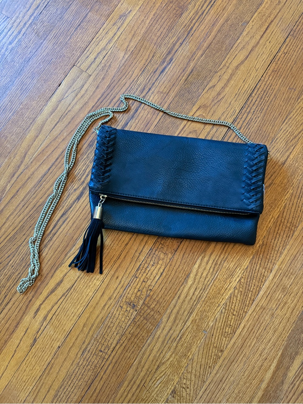Black Leather Foldover Crossbody Clutch with Tassel